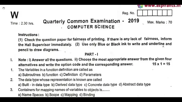 Video thumbnail for 12th Computer Science Quarterly Exam Question Paper 2019-20 | English Medium | Team Aspirants