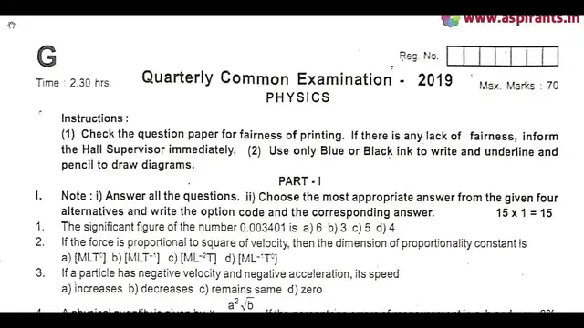 Video thumbnail for 11th Physics Quarterly Exam Question Paper 2019-20 | English Medium | Team Aspirants