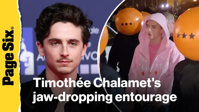 Video thumbnail for See Timothée Chalamet's jaw-dropping entourage for 'Marty Supreme' event