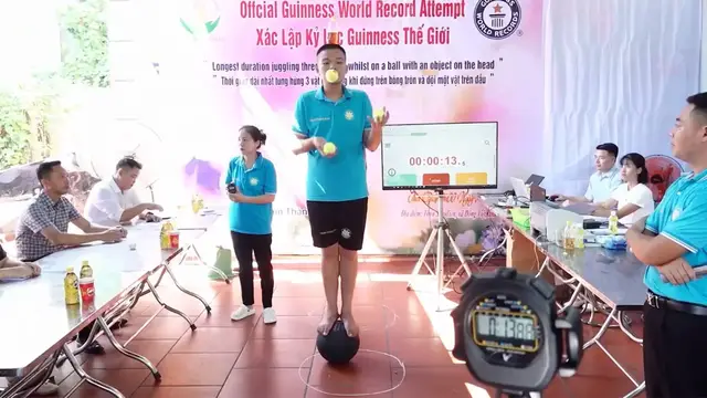 Video thumbnail for Longest duration juggling three objects whilst on a ball with an object on the head  61 minutes 7 seconds by Pham Thanh Nam
