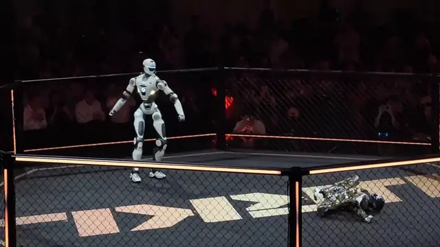 Video thumbnail for China: Robot marks fight victory with a cheeky celebration dance.