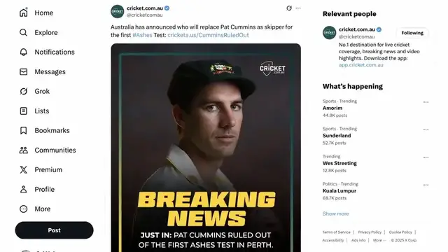 'Video thumbnail for Pat Cummins ruled out of first Ashes Test in Perth'