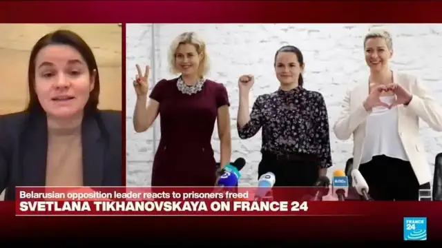 Video thumbnail for 'Pressure works': Belarus opposition leader Tikhanovskaya reacts to release of political prisoners