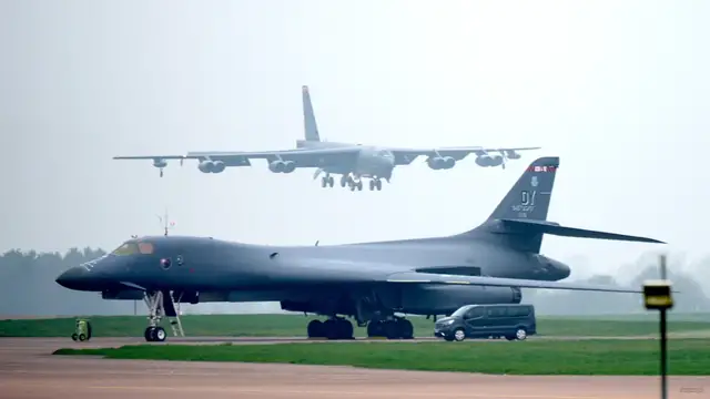 Video thumbnail for US bombers leave UK base as Britain points to Iran in suspected terror plot