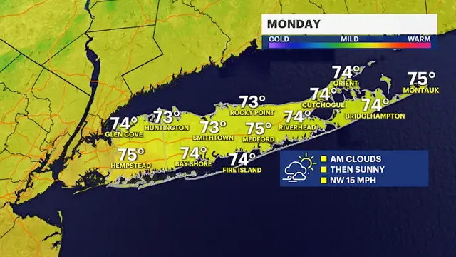 Video thumbnail for Skies clearing with mostly sunny conditions and it will be breezy for Long Island