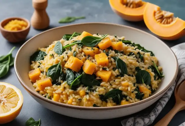 Video thumbnail for Butternut Squash Risotto with Leeks and Spinach (Vegan)
