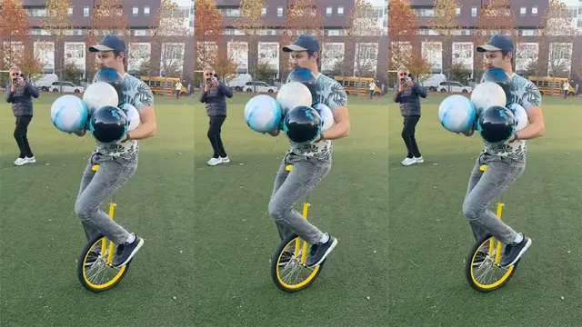 'Video thumbnail for Most bowling balls held simultaneously while riding a unicycle - 6 by Ishtar Chandaria'