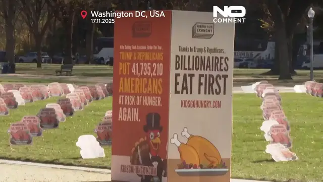 Video thumbnail for ‘Billionaires eat first’: Thanksgiving signs highlight impact of SNAP funding delays