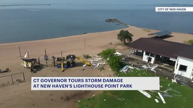 Video thumbnail for 'Big rebuild job.' Gov. Lamont tours storm damage at Lighthouse Point Park in New Haven