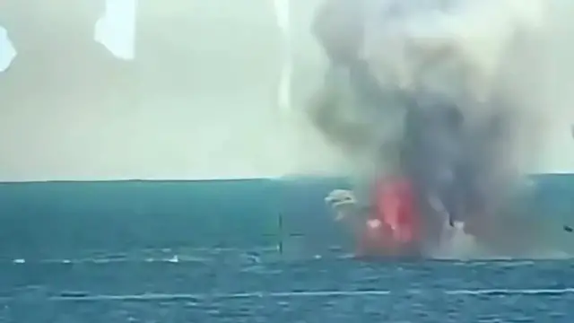 Video thumbnail for Romania: MOMENT - Romanian F-16s destroy naval drone near Black Sea gas platform.