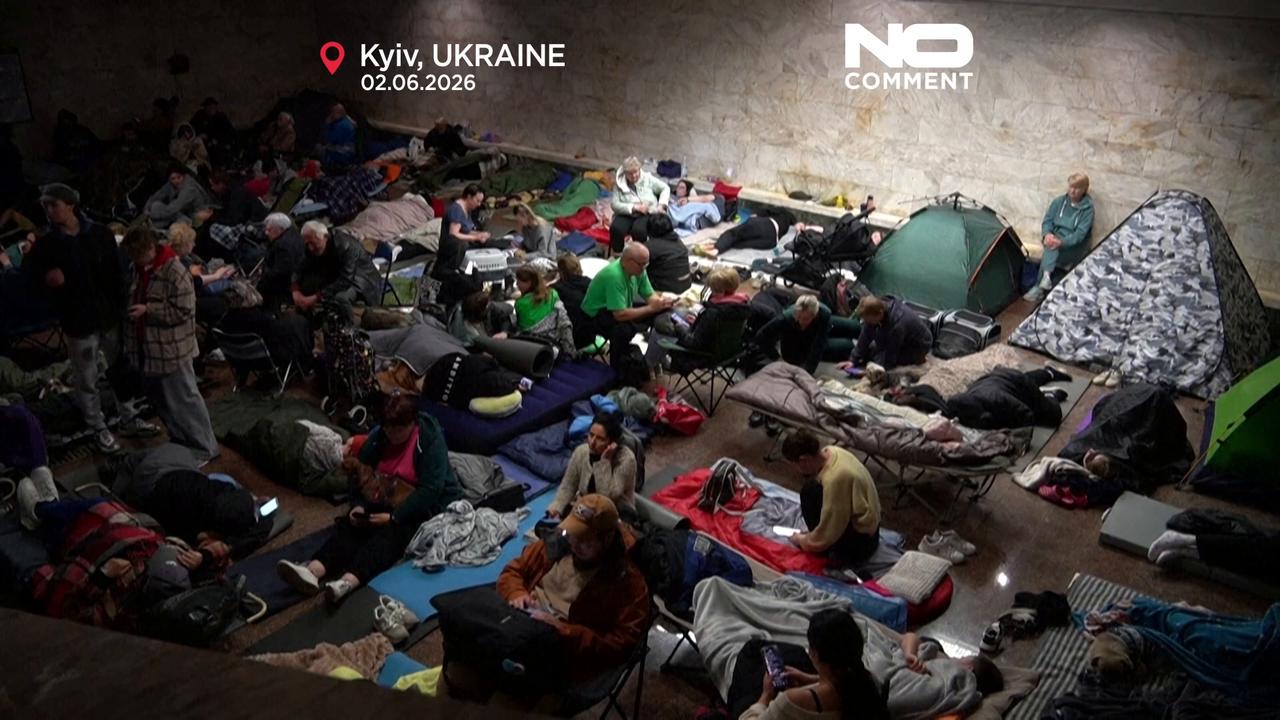 Video thumbnail for Kyiv residents shelter underground during Russian attack