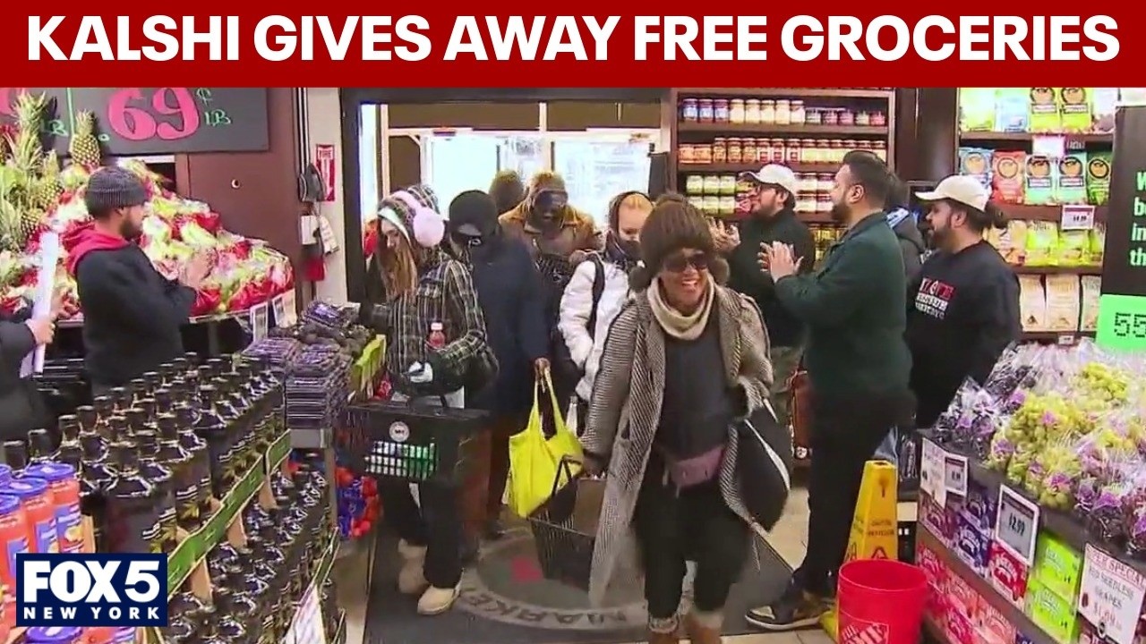 Video thumbnail for Kalshi gives away free groceries at NYC market