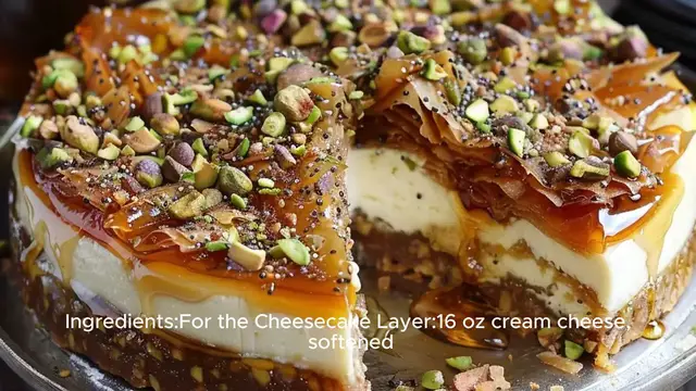 Video thumbnail for Honey Cheesecake Pistachio Baklava Recipe