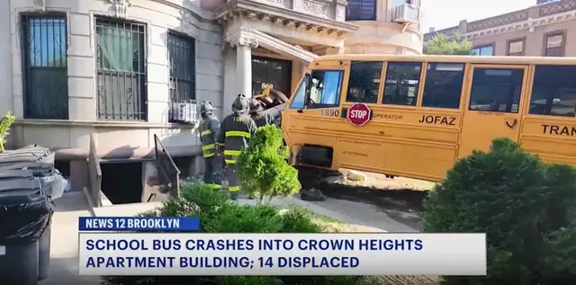 Video thumbnail for School bus crashes into Crown Heights apartment building, forcing families out