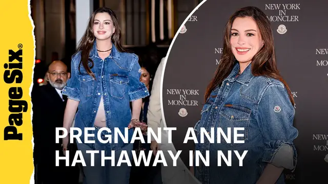 Video thumbnail for Pregnant Anne Hathaway among stars at opening of Moncler's New York store