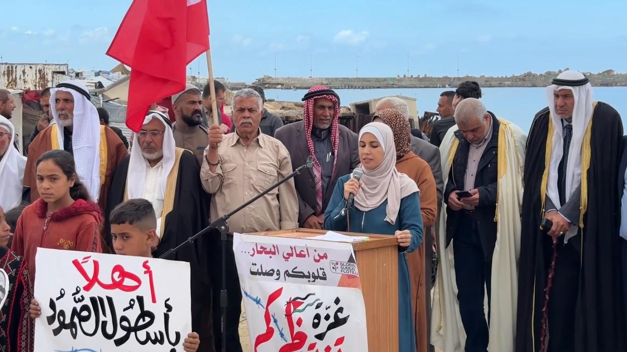 Video thumbnail for Palestinians in Gaza gather in support of Global Sumud Flotilla, protest Israel’s intervention.