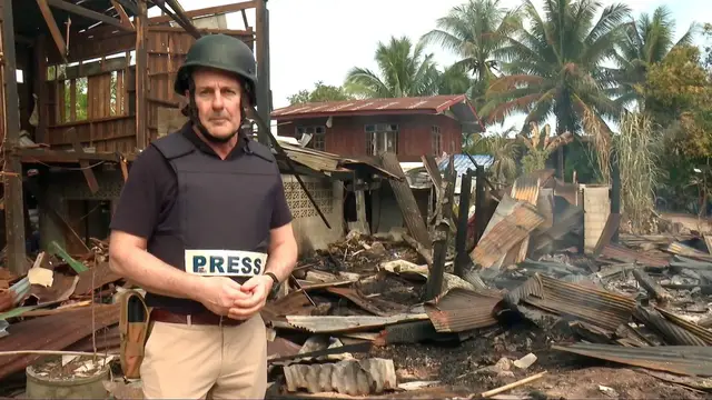 Video thumbnail for Thai border village in ruins after Cambodian rocket barrage