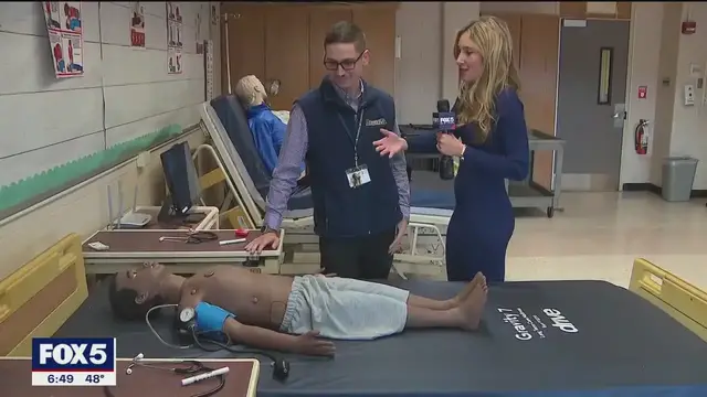 'Video thumbnail for Long Island high school brings medicine to life with AI-powered patient robots'