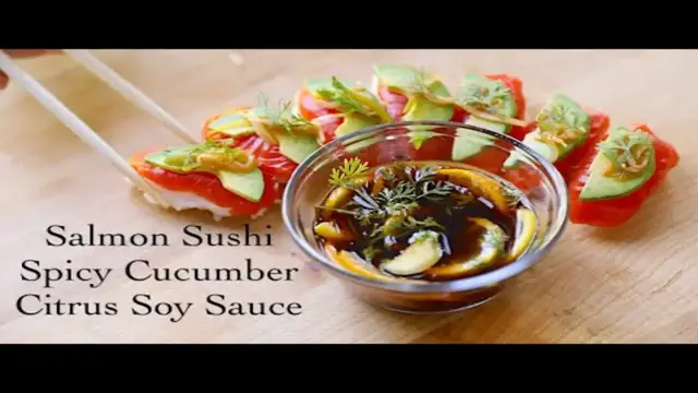 'Video thumbnail for Salmon Sushi, Spicy Cucumber, Citrus Soy Sauce'