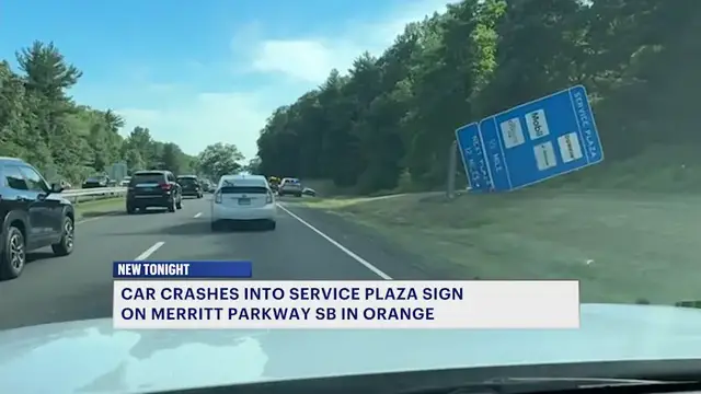 Video thumbnail for Police: Car crashes into service plaza sign on the Merritt Parkway in Orange