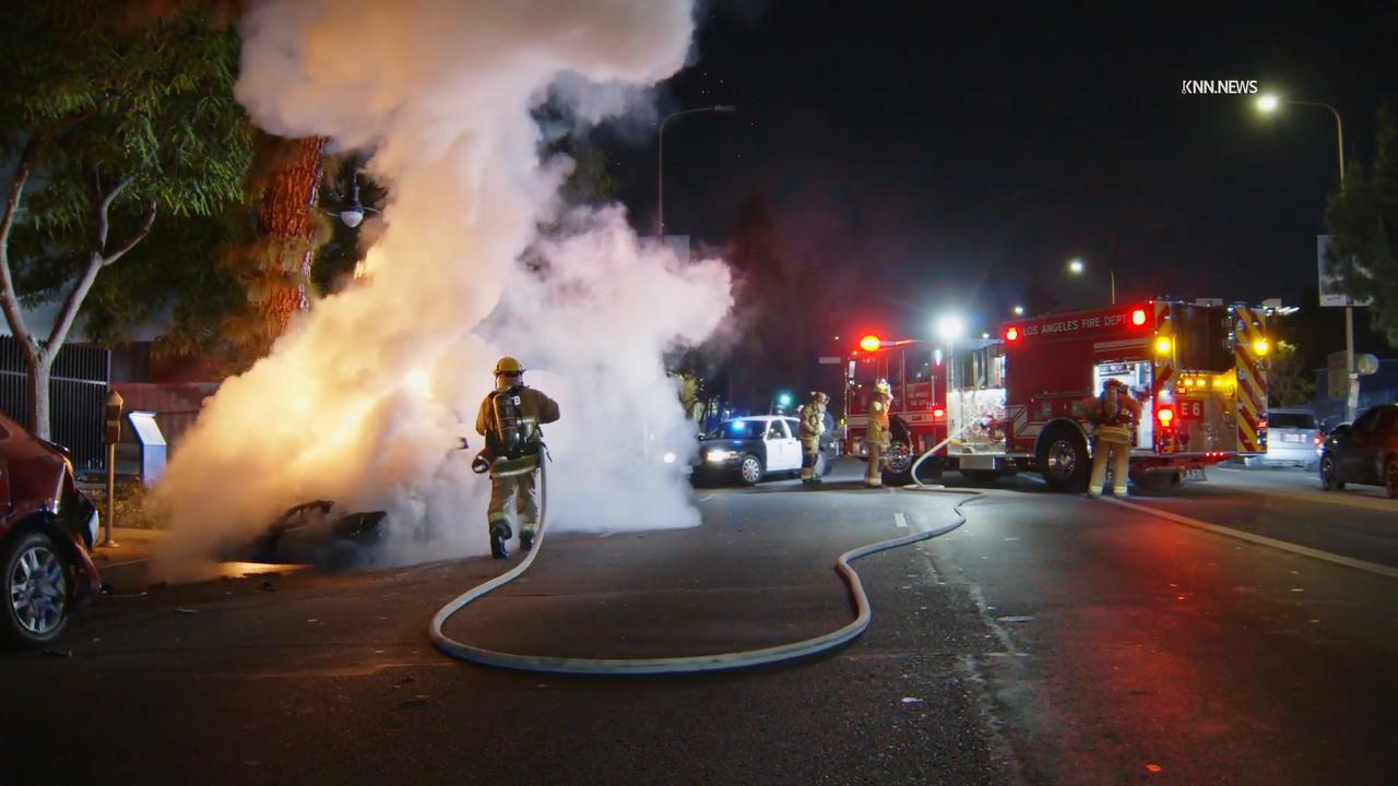 Video thumbnail for US, Los Angeles: East Hollywood Fiery Hit-and-Run Crash.