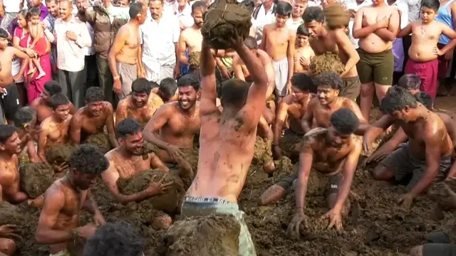 'Video thumbnail for Indian village celebrates end of Diwali with cow dung fight'