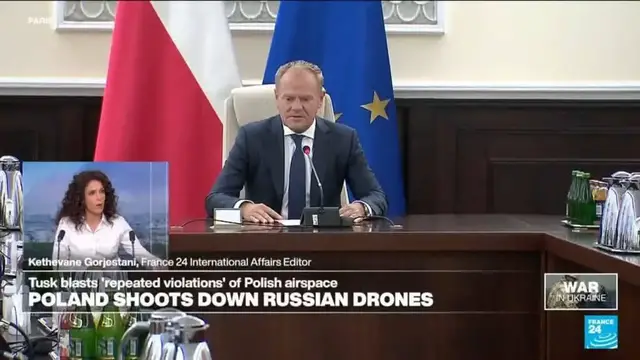 'Video thumbnail for Poland 'closest to open conflict since WWII', PM says after Russian drones shot down'