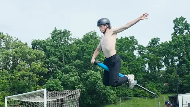 Video thumbnail for Longest single jump on a pogostick - 7.16 metres (23 ft 6 in) by Duncan Murray