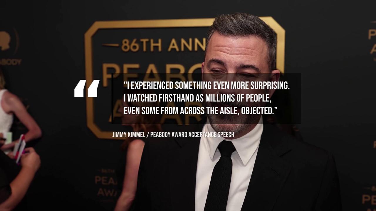 Video thumbnail for Jimmy Kimmel honoured at 2026 Peabody Awards.