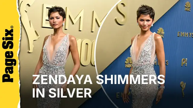 Video thumbnail for Zendaya shimmers in silver and rocks short hair on the Emmys 2026 red carpet