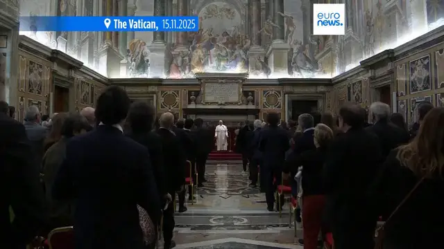 'Video thumbnail for Pope Leo celebrates cinema in meeting with Hollywood stars, urging inclusion of marginal voices'