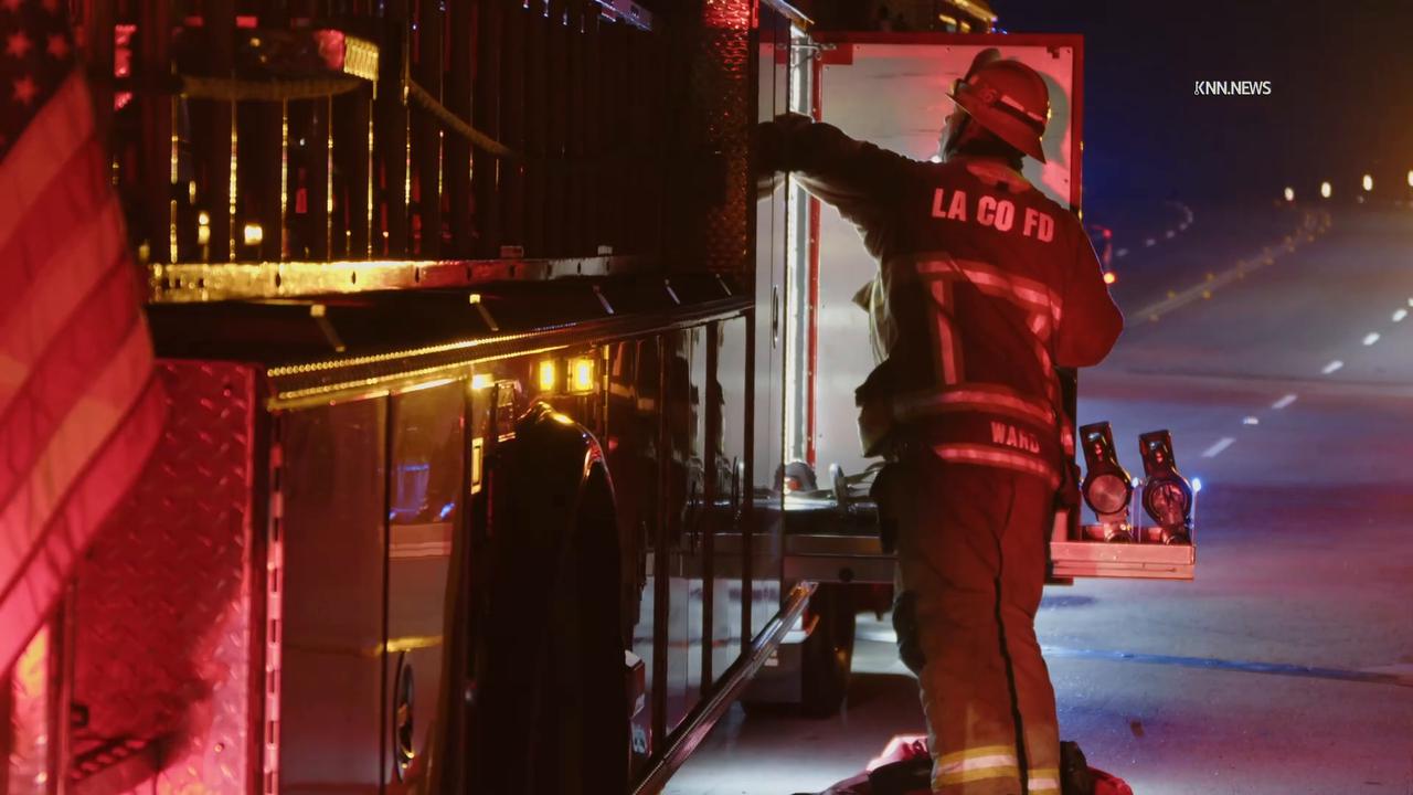 Video thumbnail for US, Los Angeles: Valencia Man Rescued After Truck Plunges Off Bridge Outside Six Flags Magic Mountain.