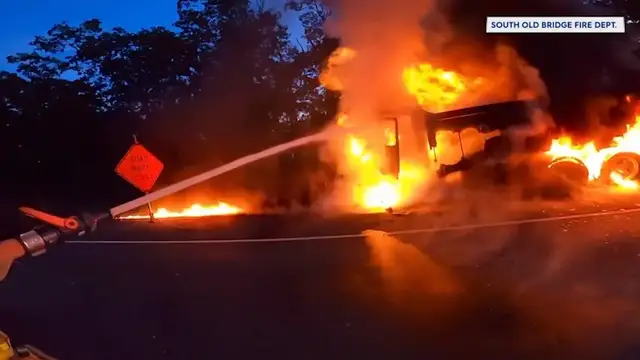 Video thumbnail for Firefighters battle dump truck fire on Route 18 in Old Bridge