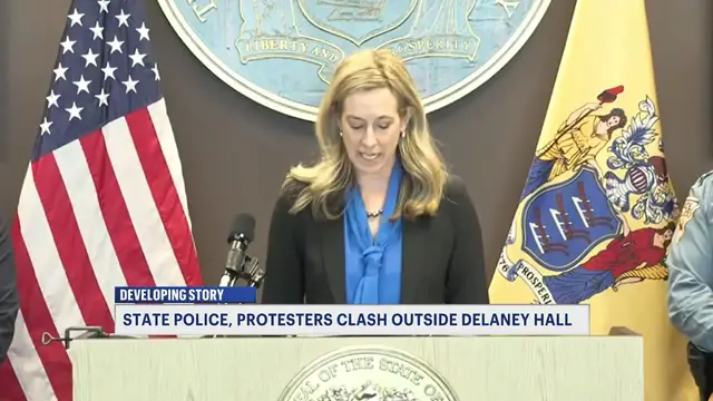 Video thumbnail for NJ State Police and protestors clash outside Delaney Hall