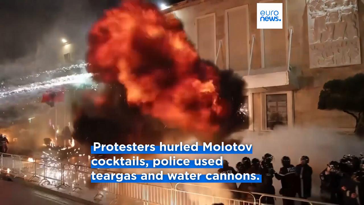 Video thumbnail for Clashes erupt during anti-government protest in Albanian capital Tirana