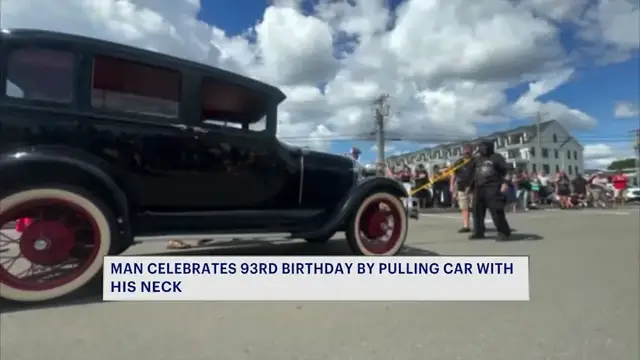 Video thumbnail for 93-year-old Stratford man pulls classic car using only neck strength