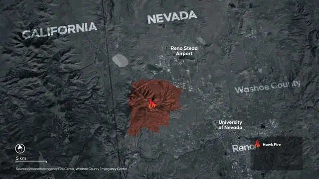 Video thumbnail for US: MOTION GRAPHIC - Emergency declared as Hawk Fire near Reno grows rapidly, 90,000 urged to evacuate.