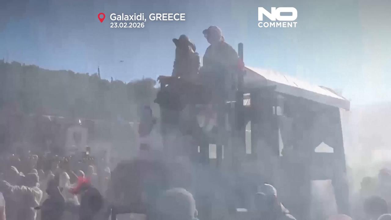 Video thumbnail for Flour war paints Greek town Galaxidi in colour for clean Monday