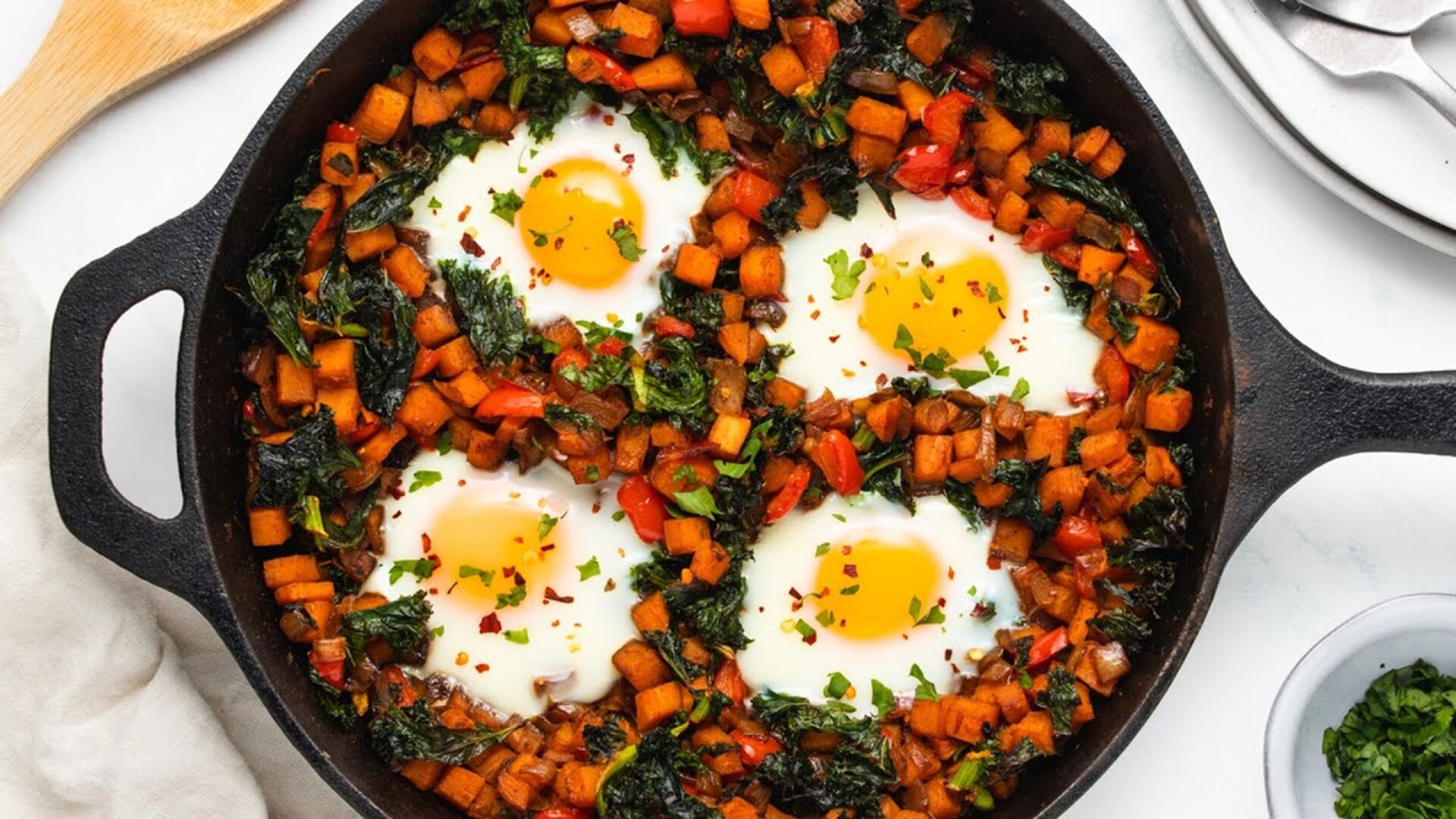 Video thumbnail for Kale And Sweet Potato Hash Recipe