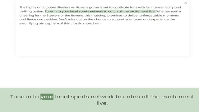 Video thumbnail for thrilling action. Tune in to your local sports network to catch all the excitement live. Whether you're cheering for the Steelers or the Ravens, this matchup promises to deliver unforgettable moments and fierce competition. Don't miss out
