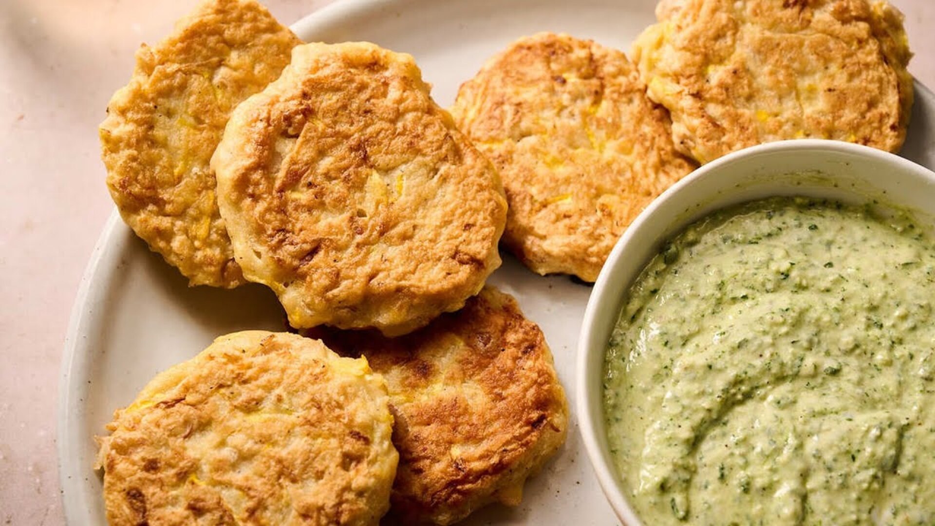 Video thumbnail for Summer Squash Fritters With Pesto Goat Cheese Dipping Sauce Recipe