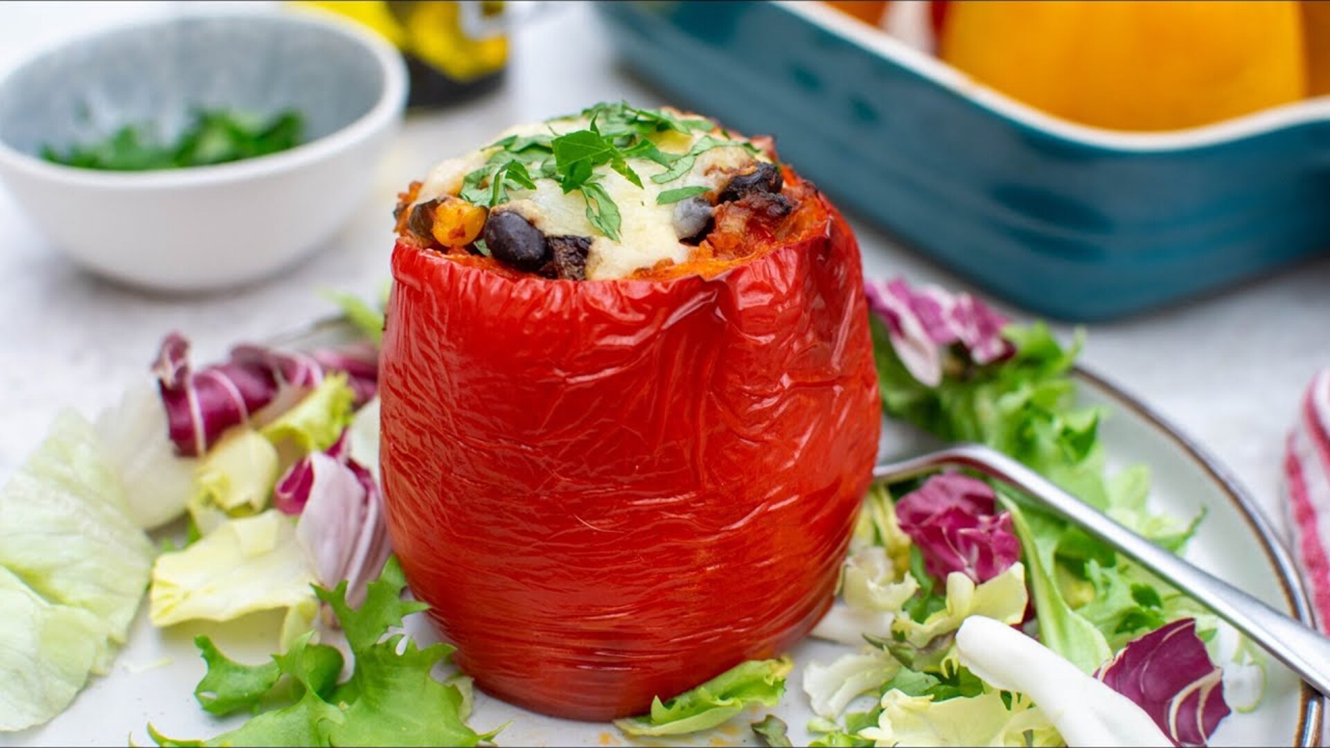Video thumbnail for Rice And Vegetable Enchilada-Stuffed Peppers Recipe