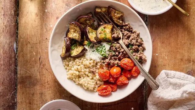 Video thumbnail for Ground Lamb, Eggplant, And Couscous Bowls Recipe