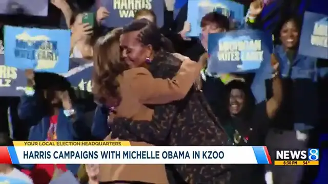 Video thumbnail for Vice President Kamala Harris, former first lady Michelle Obama campaign in Kalamazoo