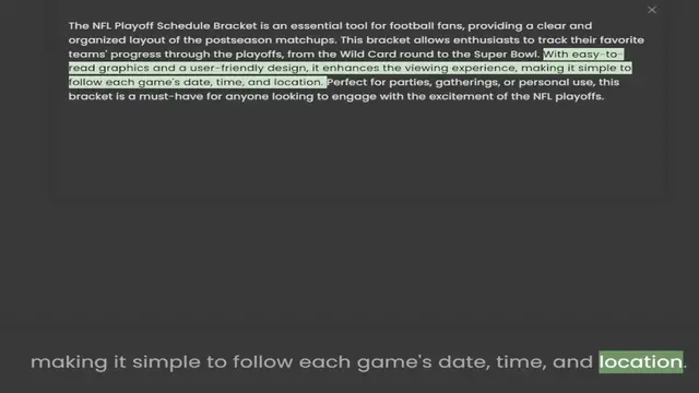 Video thumbnail for organized layout of the postseason matchups. This bracket allows enthusiasts to track their favorite teams' progress through the playoffs, from the Wild Card round to the Super Bowl. With easy-to-read graphics and a user-friendly design,