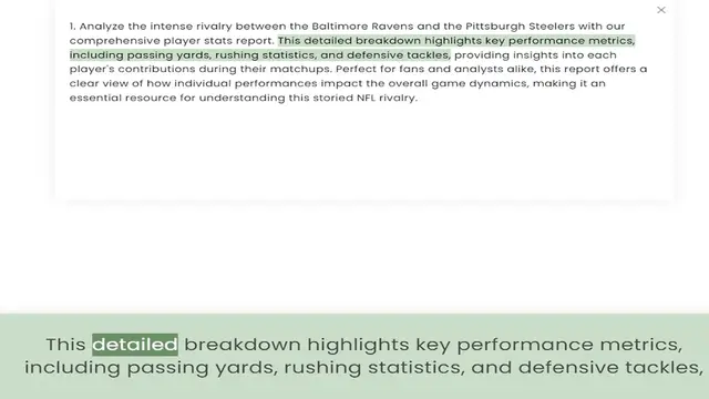 Video thumbnail for comprehensive player stats report. This detailed breakdown highlights key performance metrics, including passing yards, rushing statistics, and defensive tackles, providing insights into each player's contributions during their matchups.