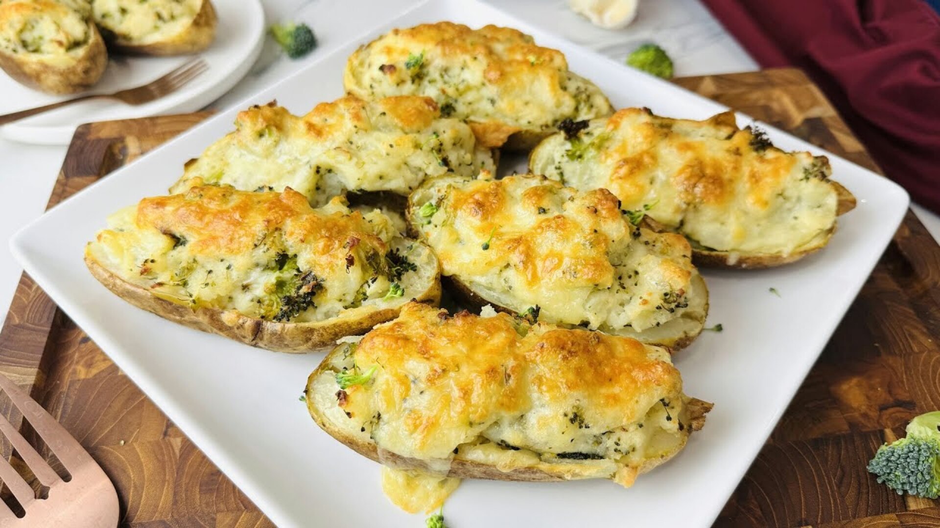 Video thumbnail for Broccoli Cheddar Twice-Baked Potatoes Recipe