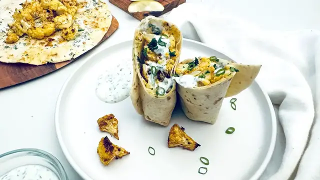 'Video thumbnail for Shawarma-Style Roasted Cauliflower Wraps Recipe'