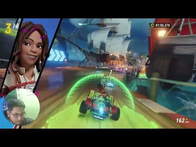 Video thumbnail for cartoon racing video game, vibrant colors, dynamic action, futuristic go-kart track, sailing ships