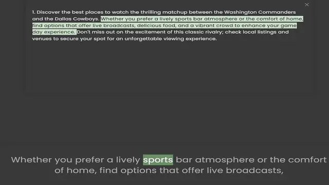 Video thumbnail for and the Dallas Cowboys. Whether you prefer a lively sports bar atmosphere or the comfort of home, find options that offer live broadcasts, delicious food, and a vibrant crowd to enhance your game day experience. Don't miss out on the exci
